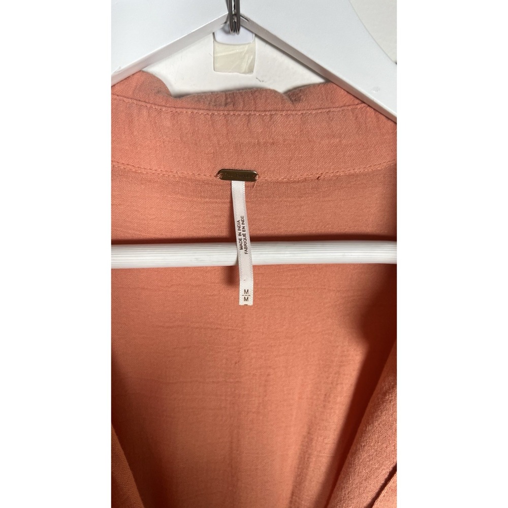 Free People Medium Monika Shirt Dress Smocked Waist Deep V-Neck Autumn Peach EUC - Picture 9 of 14